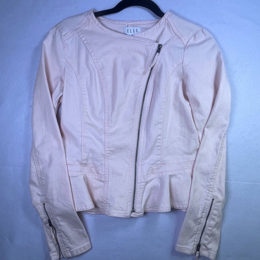 Elle Womens Pink Denim Moto Jacket Peplum Hem Asymmetric Zip Size Medium - Picture 2 of 8